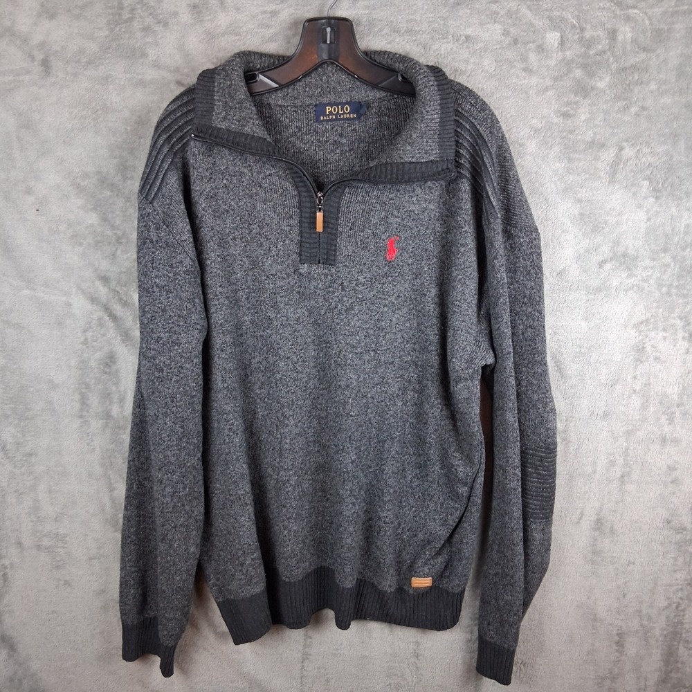 Polo Ralph Lauren Sweater Mens 3XL Gray Quarter Zip Elbow Patch Pony